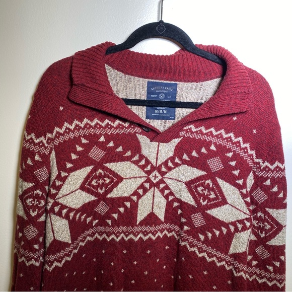 American Eagle Nordic Snowflake Holiday Christmas Red/ Burgundy Sweater Size: L - Picture 4 of 10